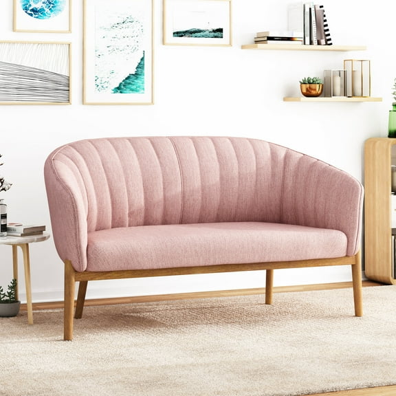 Channel Stitched , Blush Fabric, Brown Rubberwood Legs, Contemporary Style Mid Century Modern , Leg Supports