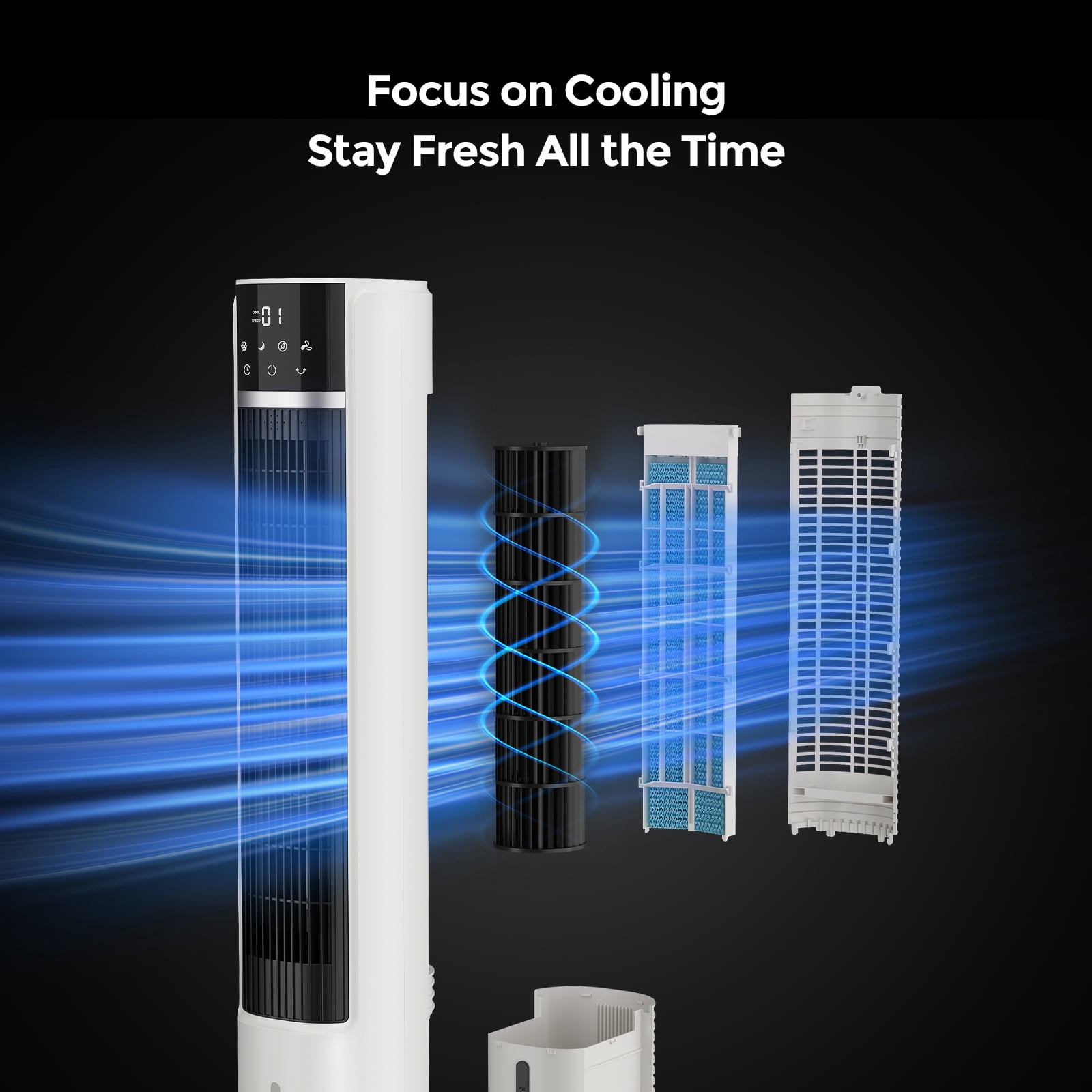 Evaporative Air Cooler Tower Fan for Home Bedroom, 40" Floor Standing Cooling Fans,90° Oscillating,4 Modes & 4 Speeds,12H Timer,2 Ice Crystal Boxes
