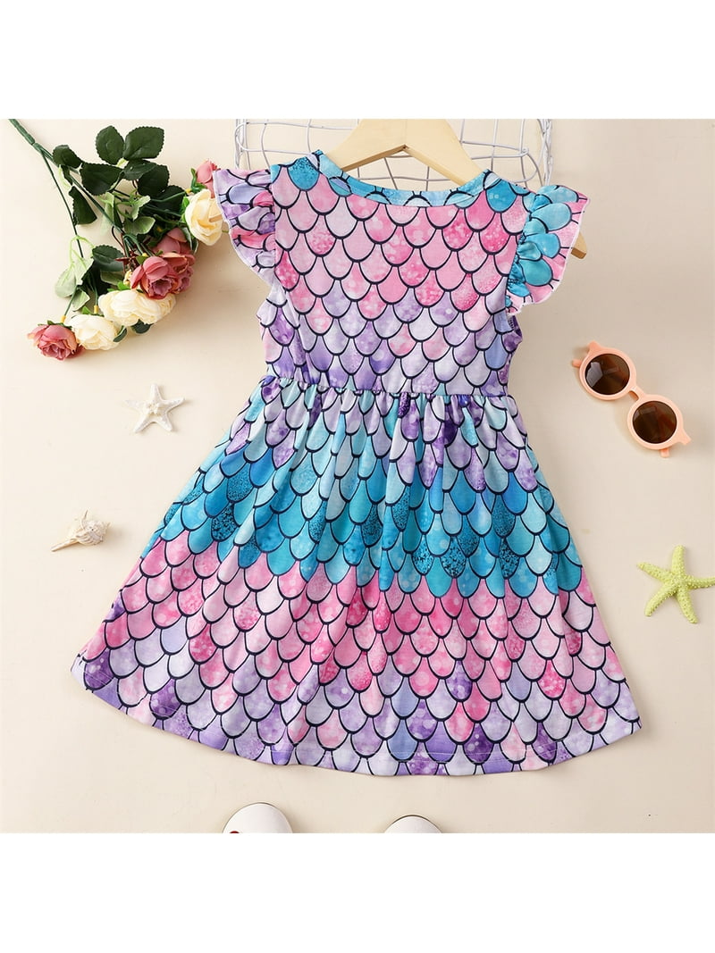 Wibacker Toddler and Little Girl Mermaid Scale Skater Dress Ruffle Sleeve Priness A-Line Sundress 1-6 Years