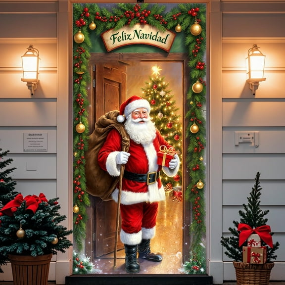 FastXmas 35 X 71" Inch Christmas Door Cover Christmas Pendant Backdrop Santa Snowman Door Curtain Cloth Polyester Xmas Door Cover Christmas Door Decorations for House Wall Door Home Party Supplies