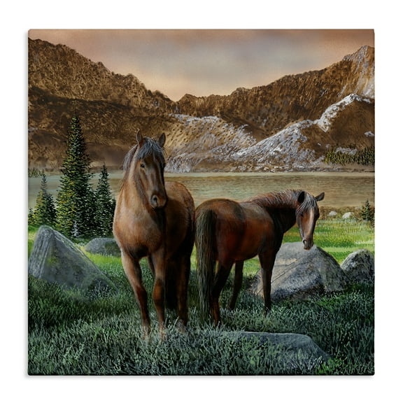 Stupell Industries Two Horses by Mountain Landscape & Nature Painting Wrapped Canvas Art Print Wall Art, 17 x 17
