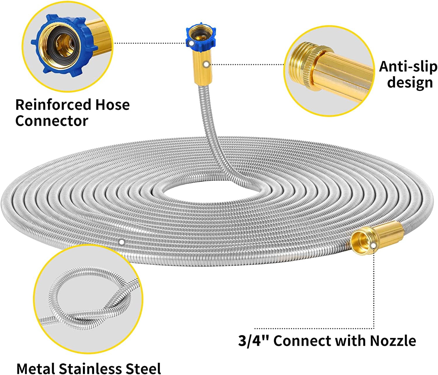 304 Stainless Steel Garden Hose with Brass Nozzle,  Function Spray Gun, Kink  Water Hose 25FT
