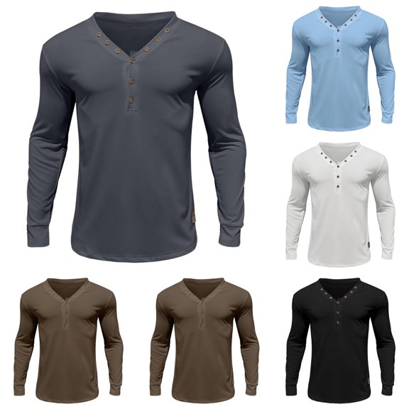 Afdoent Mens Long Sleeve T-Shirt Solid Color V Neck Button T Shirt Casual Slim Fit Tee Shirts For Vacation Tops