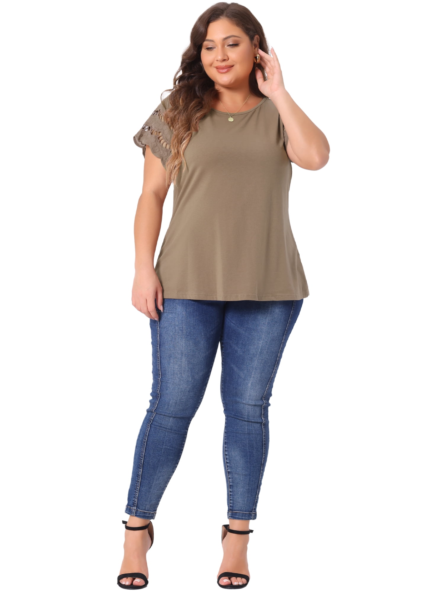 Unique Bargains Women's Plus Size Round Neck Lace Panel Blouses 3X Brown