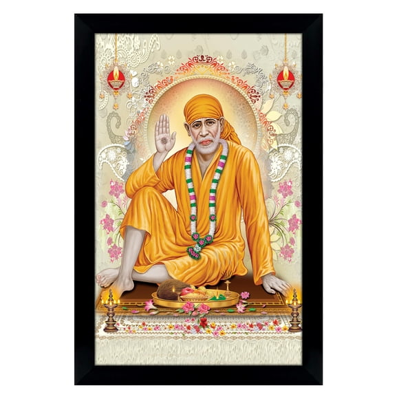 IBA Indianbeautifulart Elegant And Religious God Photo Frame Sai Baba In Sitting Pose Poster With Frame Black Wall Frame Deity Photo Frame Wall Decor For Home/ Office/ Temple