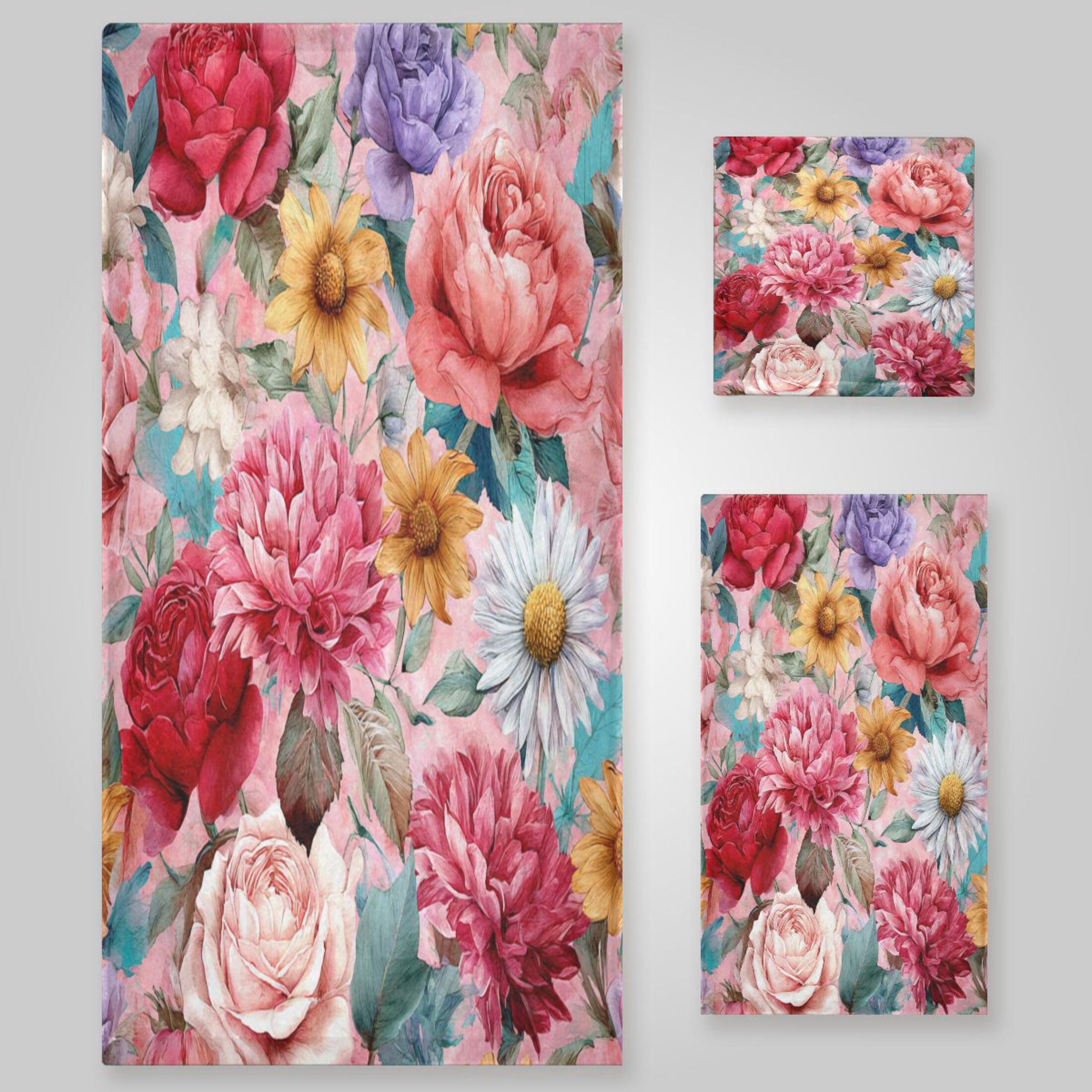 3 Sizes of Towel Sets Including Bath Towel Hand Towel and Washcloth for Daily Use Fantasy Art Floral Pattern