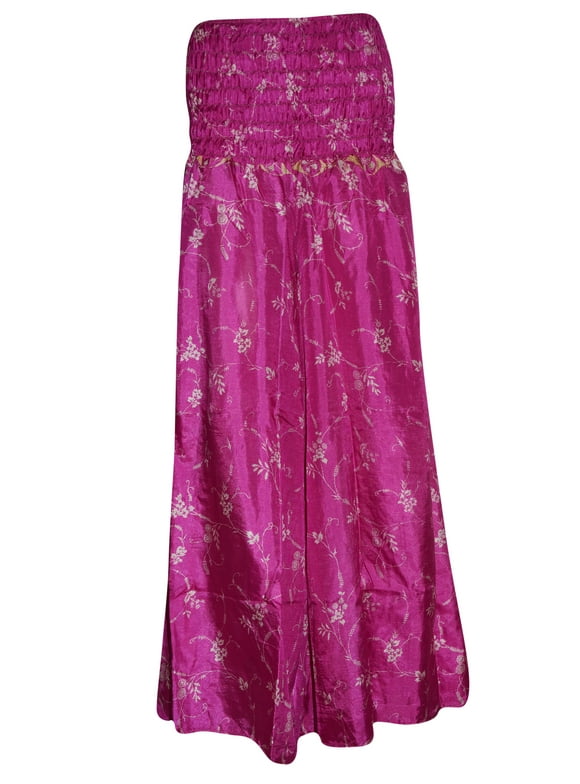 Mogul Women's Maxi Skirt Solid Pink Vintage Sari Casual Divided Long Skirts