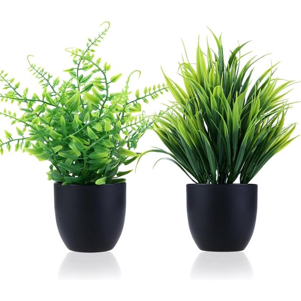 Pequeñas plantas artificiales en maceta negra, eucalipto artificial en maceta, miniplantas de césped artificial en maceta, vegetación para decoración del hogar, interior, oficina, mesa, habitación,