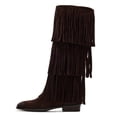 thumbnail image 2 of YDN Women Round Toe Tassels Mid Calf Boots Flats Pull On Fringed Low Heels Winter Fall Party Festival Shoes Size 7 Dark Brown, 2 of 4