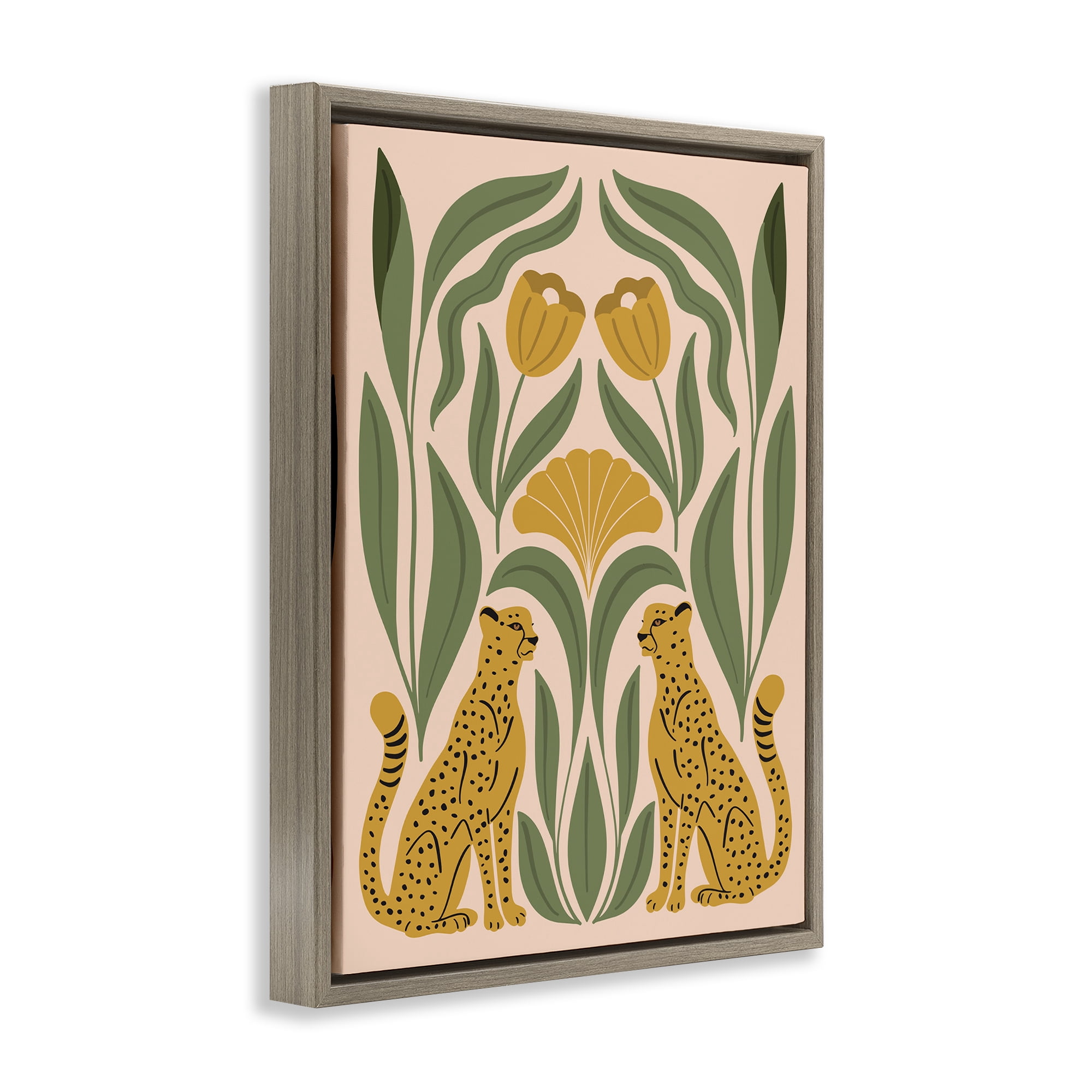 Stupell Industries Boho Chic Mirrored Leopards Plants & Flowers Painting Brown Floater Framed Canvas Art Print Wall Art, 25 x 31