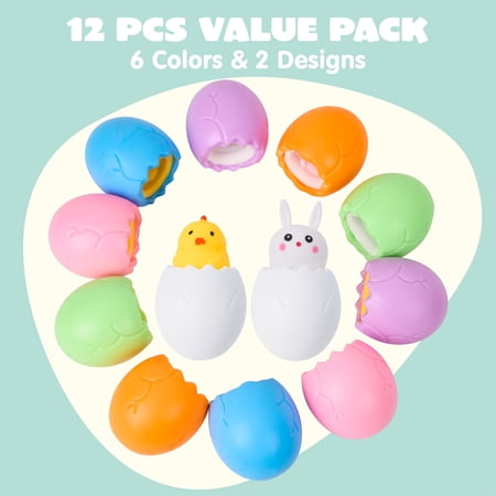 JOYFY 12 PCS EASTER EGGS STRESS BALLS, SQUISHY TOYS CUTE CHICKEN BUNNY PATTERNS, SQUEEZE BALL TOYS FOR EASTER EGG HUNT, EASTER BASKET STUFFERS FILLER, PARTY FAVORS, CLASSROOM PRIZE GIFTS