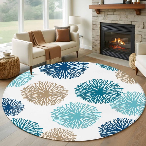 Blue Floral 5' Round Rug for Dining Table for 4 People Under Table Placement, Modern Blue Khaki Dandelion Flowers Washable Non Slip Circle Area Rug