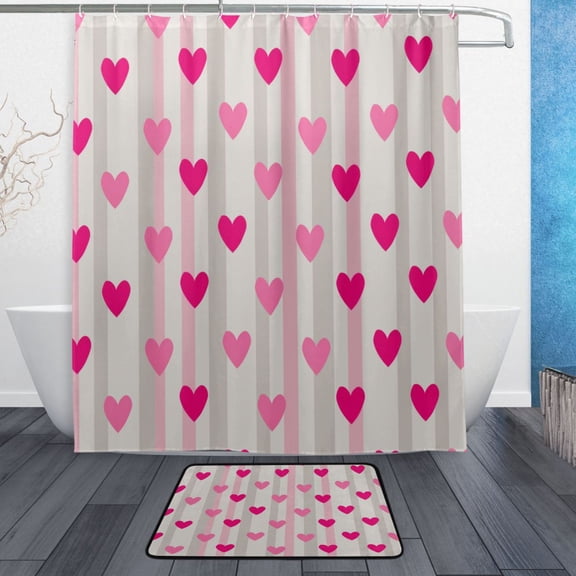 TTYFWHD 60" x 72" Shower Curtain and Bath Mat Set Neutral Pink Love Pattern Waterproof Bathroom Curtain with 12 Hooks, Bathroom Decor Set