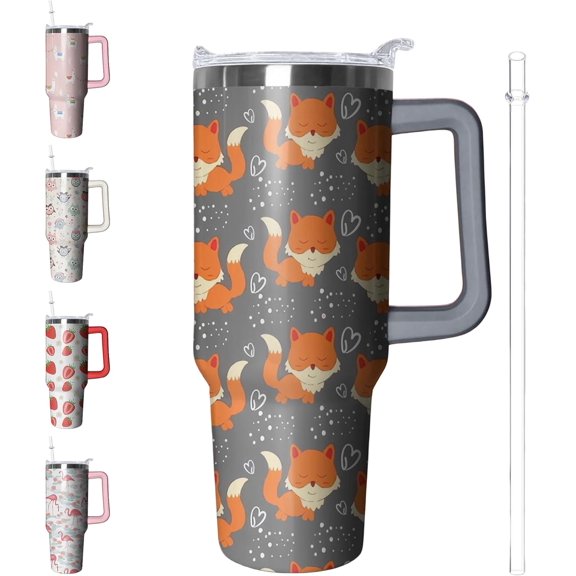 40 oz Fox Tumbler with Handle and Straw, Insulated Stainless Steel Cup with Lid, Travel Coffee Mug Water Bottle, Animal Lovers Women Gifts