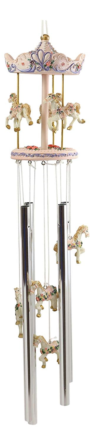Pink Carnival Canopy Pony Horses Carousel Figurine Crown Top Resonant Wind Chime