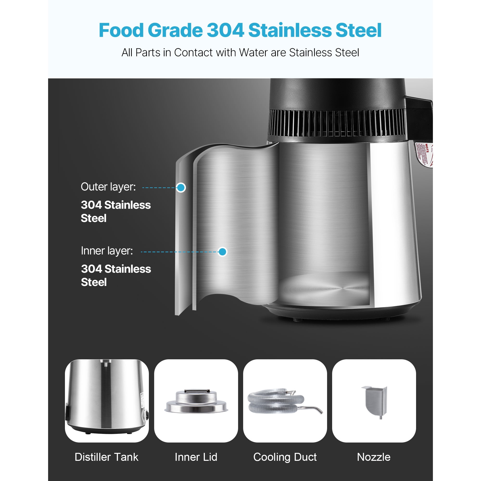 KFFKFF Water Distiller, 6L 1.6 Gallon Pure Water Purifier, Stainless Steel, 11.81x11.81x19.69 in, Silver