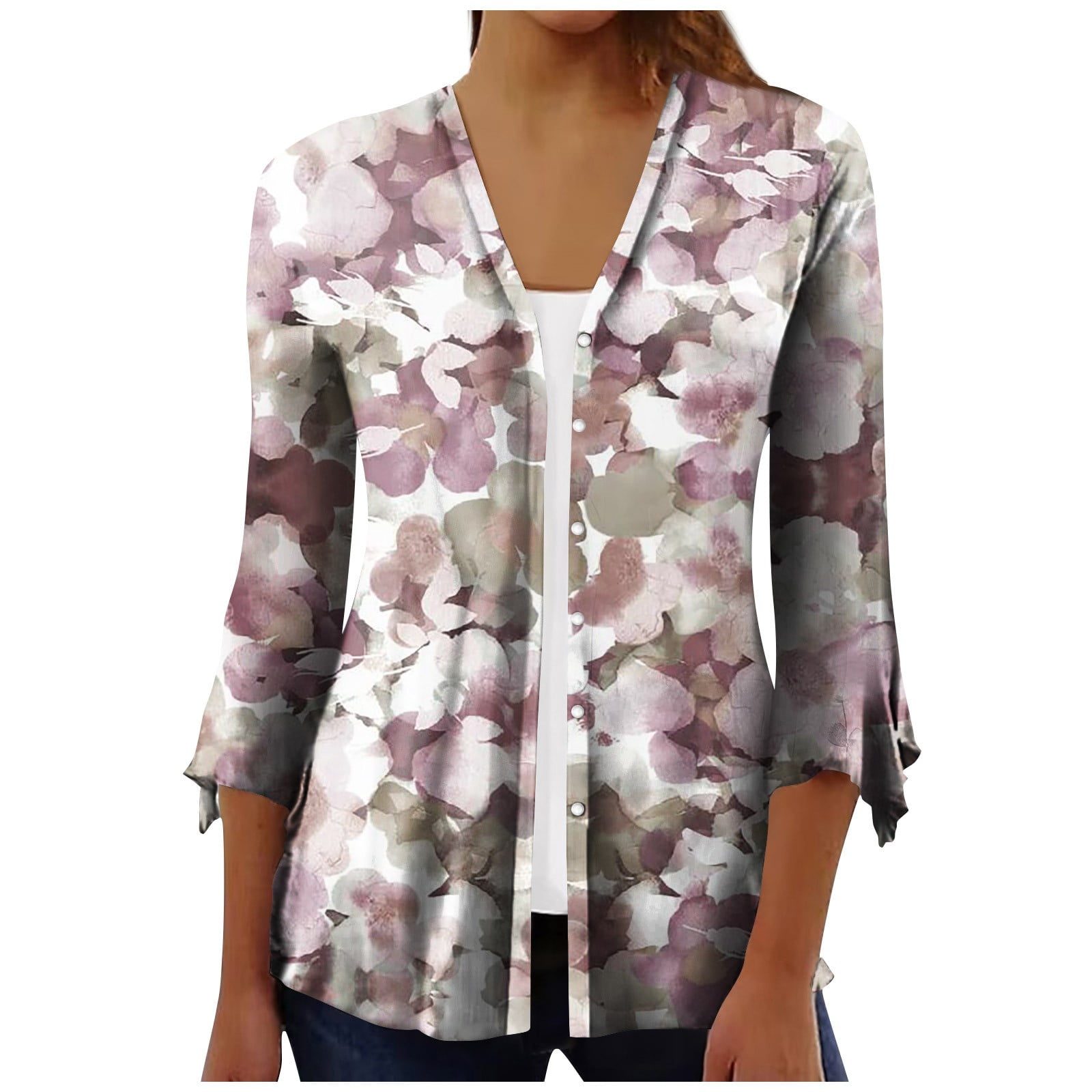 Mlqidk Womens Summer Tops 3/4 Sleeve Lightweight Open Front Button Down