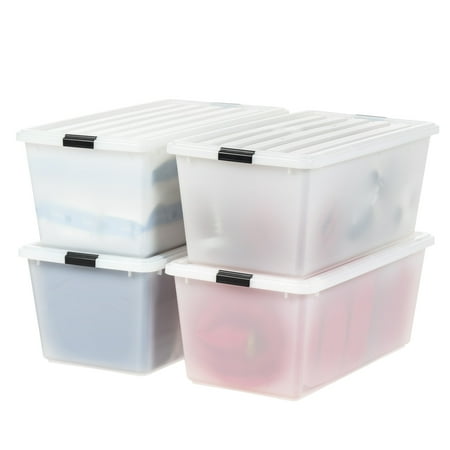 IRIS USA 91 Quart Stackable Plastic Storage Bins with Lids and Latching Buckles  4 Pack  Containers with Lids  Durable Nestable Closet  Garage  Totes  Tubs Boxes Organizing  Pearl