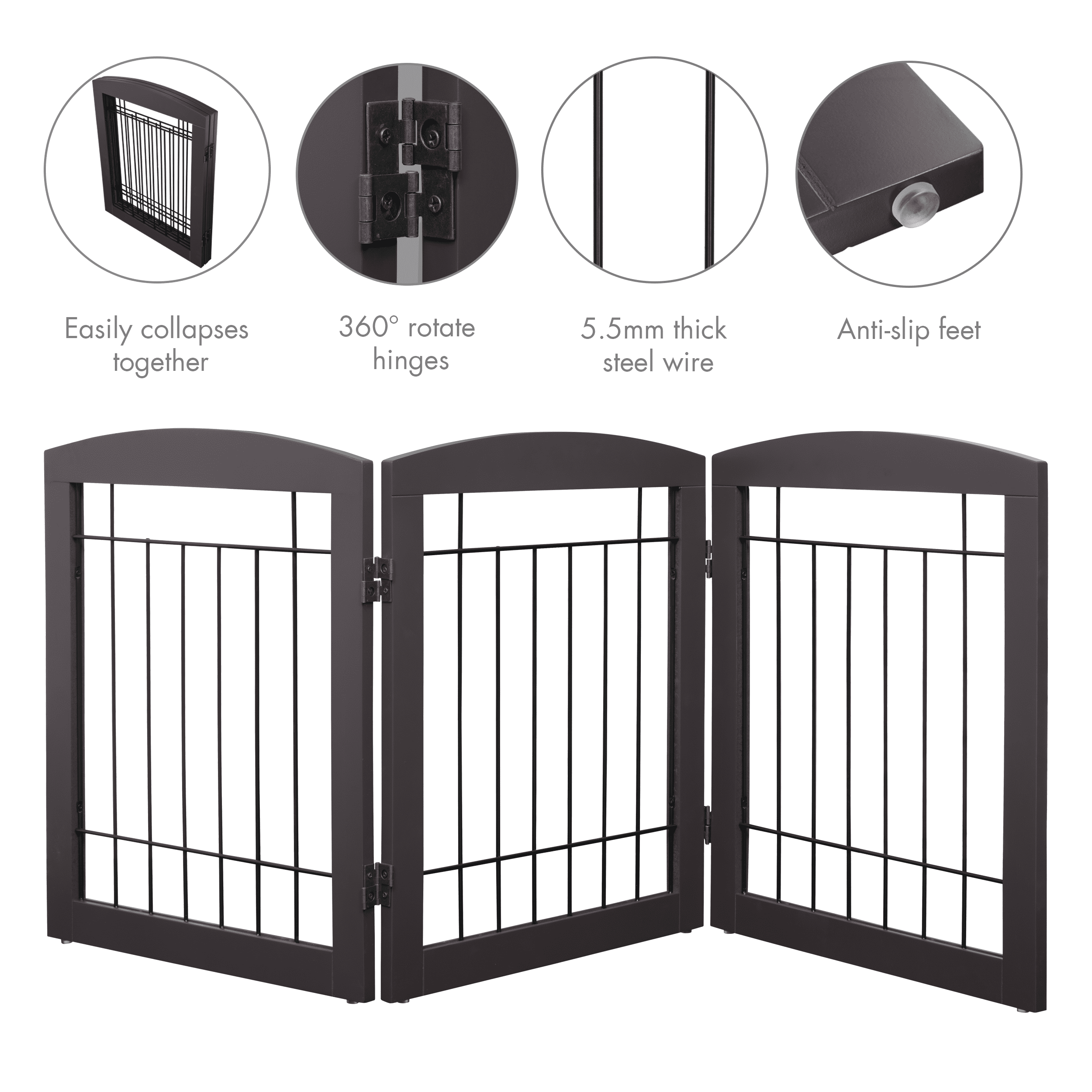 STAROUS Esspresso Foldable Pet Gate,Secure Indoor Barrier, Ideal for Doorways, Stairs, and Wide Openings - 60" Wide, 24" Height, 3 Panels