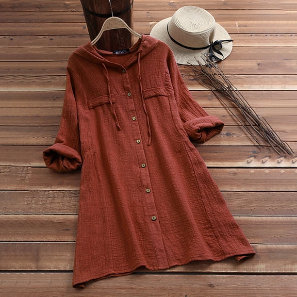 Puntoco, camiseta de manga larga con capucha de algodón y lino para primavera y otoño para mujer, abrigo de camisa de manga larga con botones de Color sólido, abrigo de longitud media con retroceso Puntoco Puntoco-4601