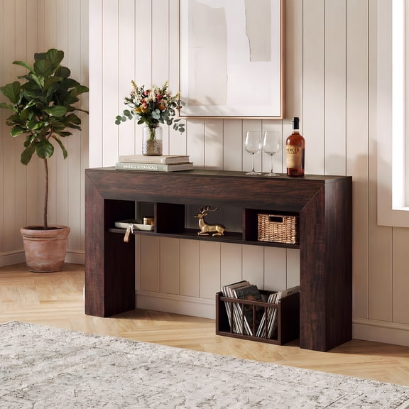 Kicctian 63" Farmhouse Console Table, Rustic Wood Grain Sofa Table with Open Storage, Long Narrow Entryway Sofa Table for Living Room, Hallway, Dark Brown