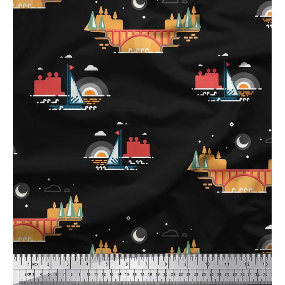 Soimoi Black Velvet Fabric Bridge & Yacht Nautical Printed Fabric 1 Yard 58 Inch Wide