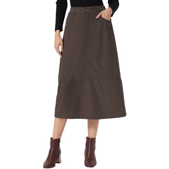 INSPIRE CHIC Corduroy Midi Skirt for Women's Elastic High Waist Pockets Casual A Line Skirt XS Deep Coffee
