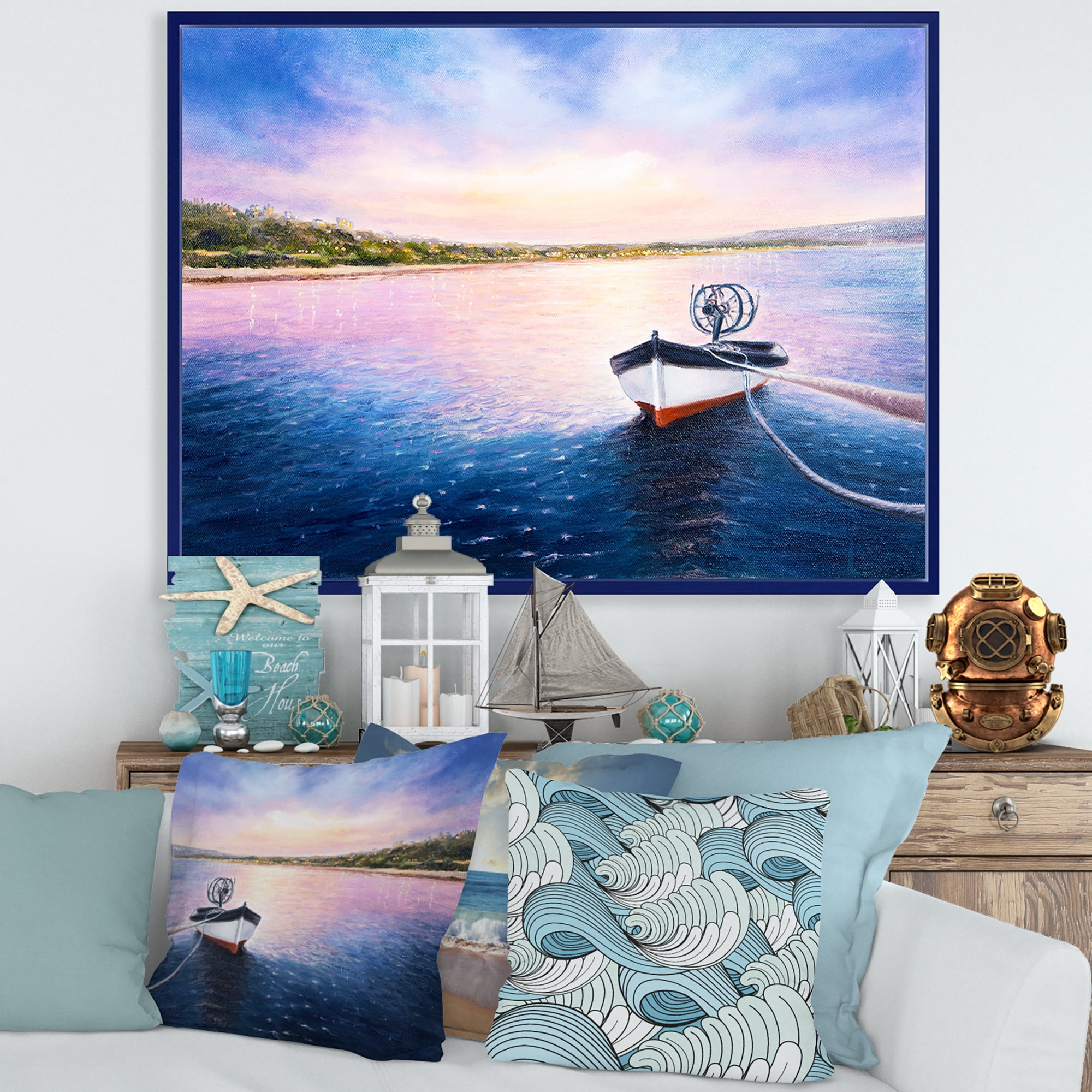 Vibrant Sunset Over Fishing Boat By The Shore 20 in x 12 in Framed Painting Canvas Art Print, by Designart
