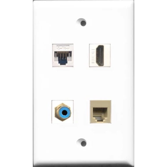 RiteAV - 1 Port HDMI and 1 Port RCA Blue and 1 Port Phone RJ11 RJ12 Beige and 1 Port Cat5e Ethernet White Wall Plate