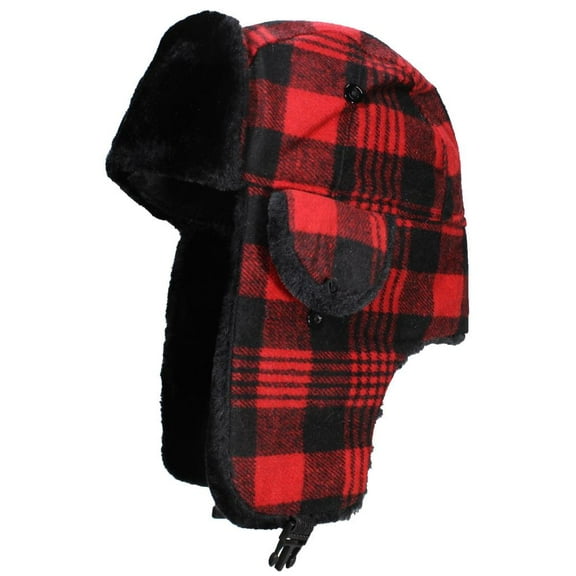 Best Winter Hats Adult Glen Plaid Russian/Aviator Beanie W/Faux Fur - Red/Black