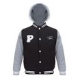 thumbnail image 4 of The Polar Club Mens' Fleece Varsity Baseball Jacket Black & Grey 2-Tone with Removable Hood (Size X-Large B&G), 4 of 5