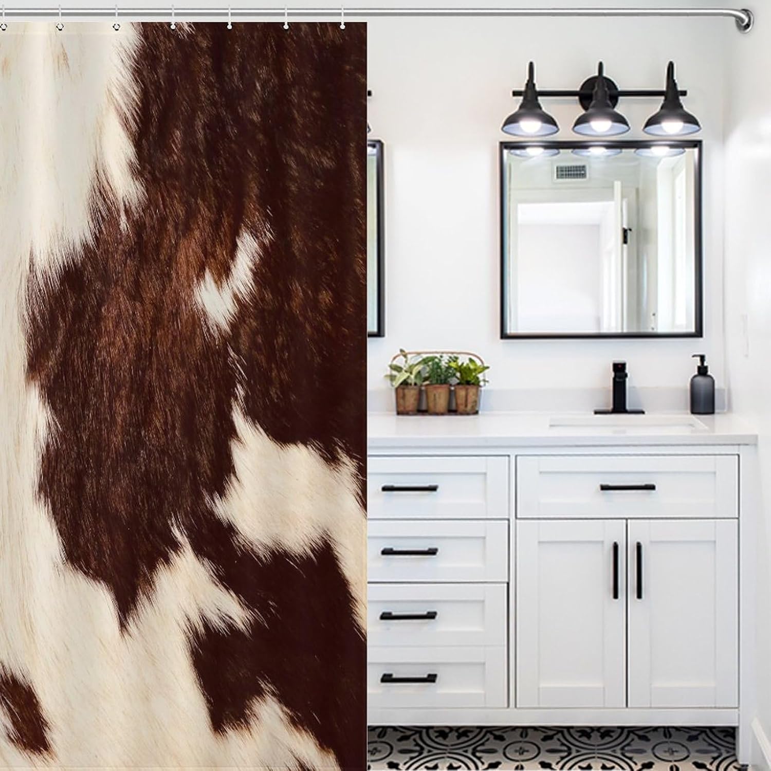 Cowhide Print Shower Curtain Brown Cow Printed Western Farmhouse Rustic Pattern Print Shower Curtains Sets Polyester Waterproof Fabric Decor Bathroom Curtain with Hooks-72"W x 86"L (Pack of 1)