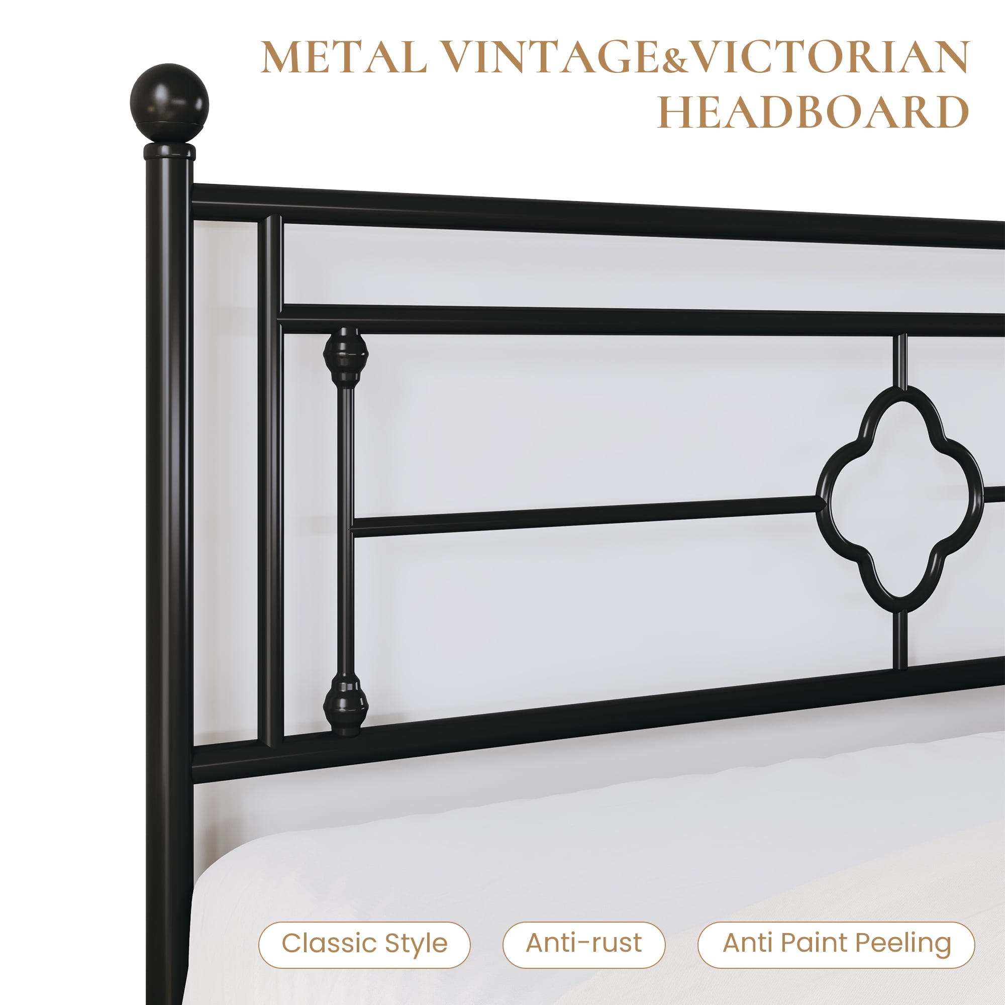 Sha Cerlin Black King Size Metal Platform Bed Frame with Victorian Vintage Headboard