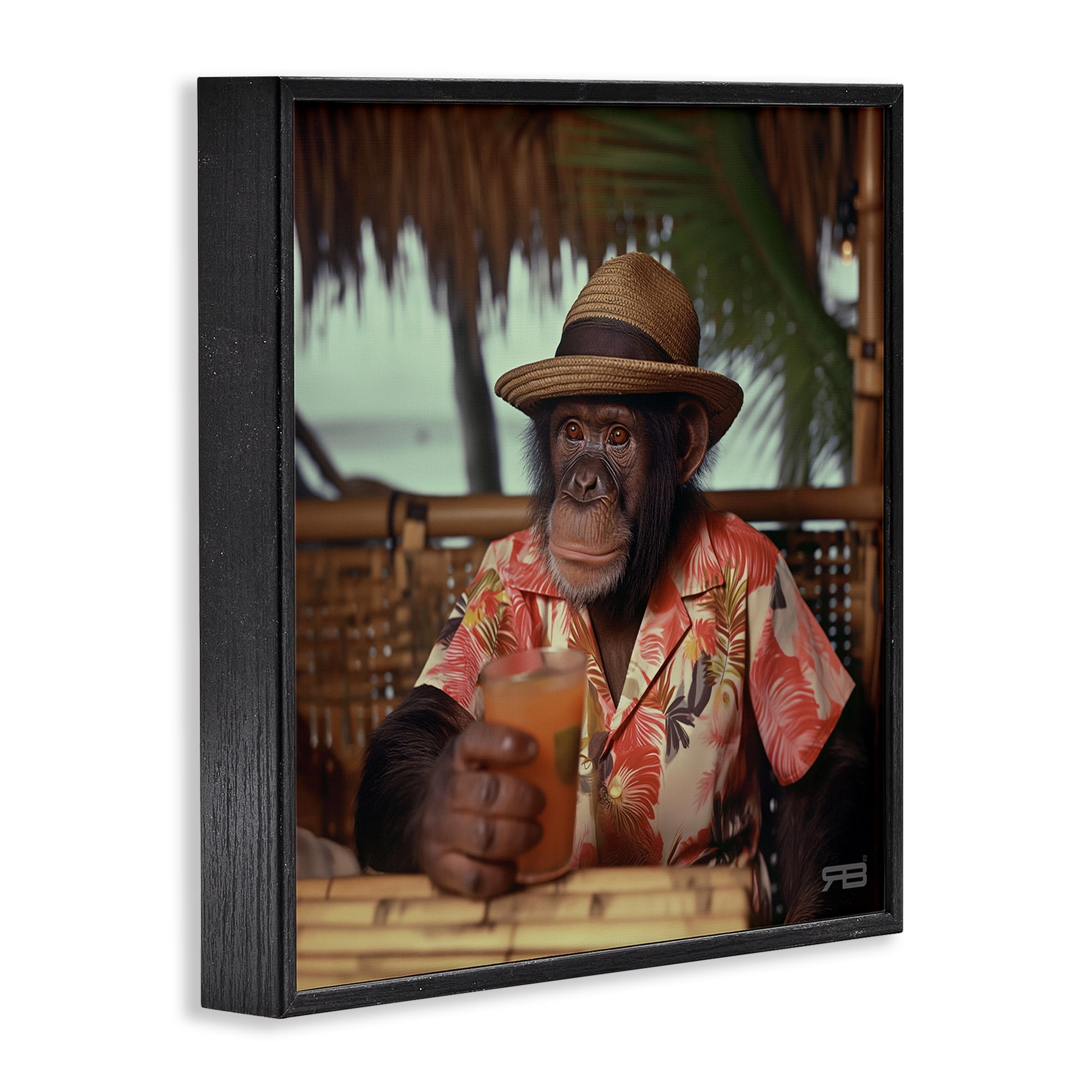 Stupell Industries Tropical Vacation Monkey Novelty Painting Black Framed Art Print Wall Art, 12 x 12