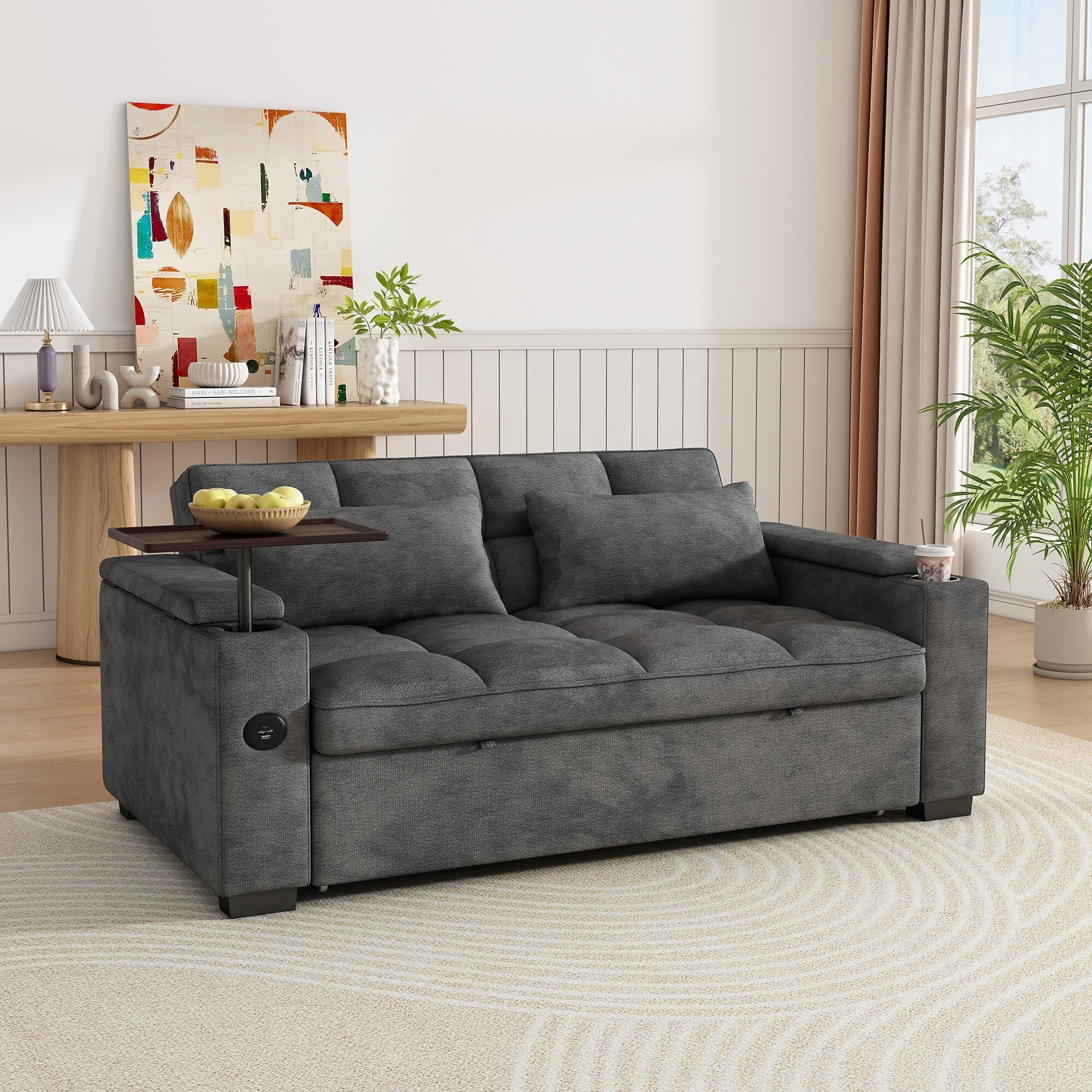 DEALTOPS 65" 3-in-1 Sleeper Sofa Bed, 3-Position Pull Out Couch with 90° Swivel Table, USB & Storage, Chenille, Gray