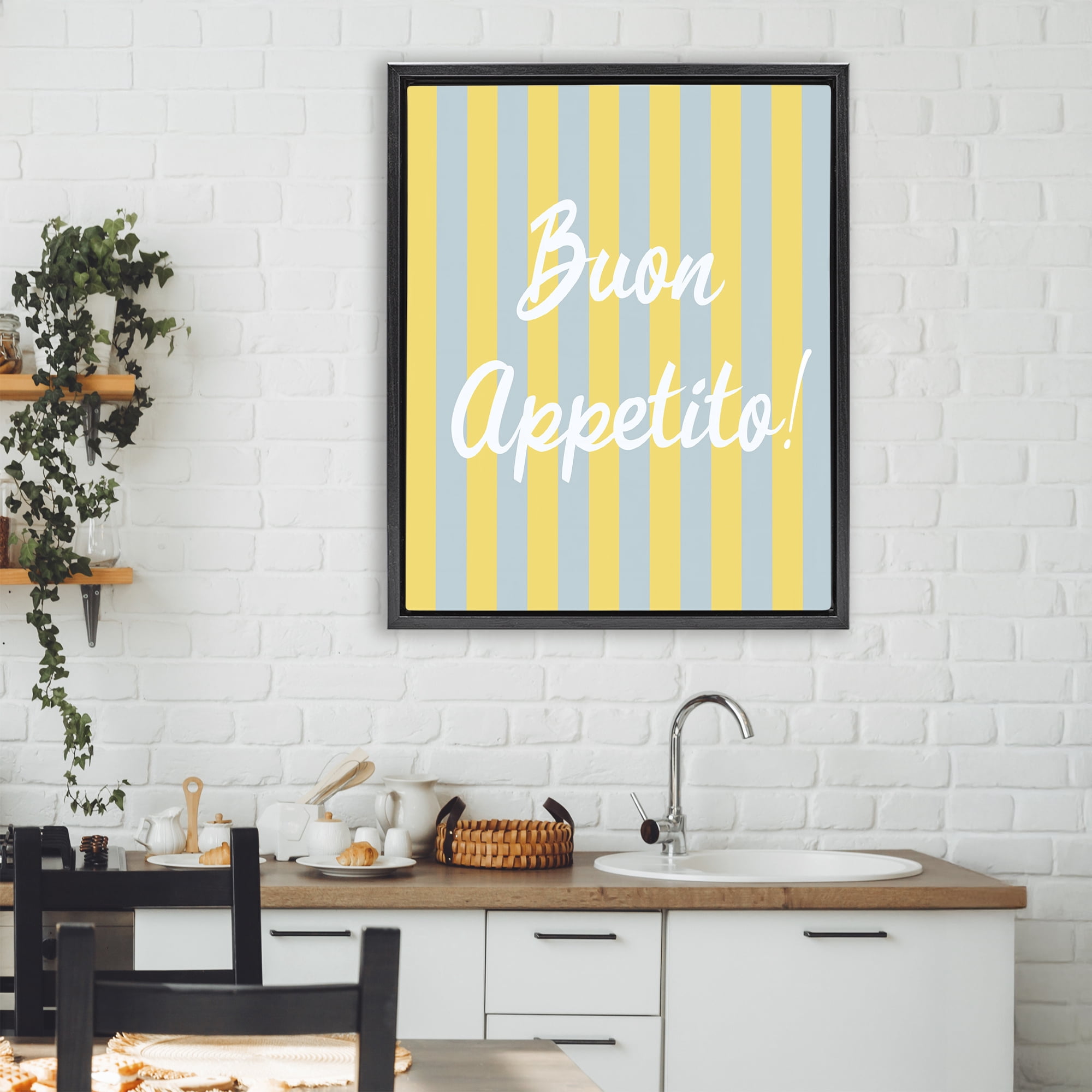 Stupell Industries Buon Appetito Blue Yellow Stripes Black Framed Floater Canvas Wall Art, design by SD Graphics Studio