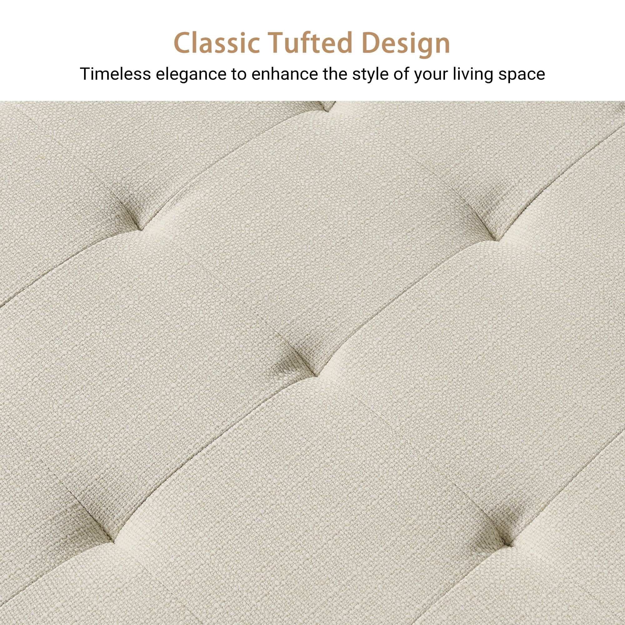 Square Upholstered Ottoman Coffee Table with Storage Shelf, Linen Fabric, Tufted Top, 31.9"x31.9", Ivory