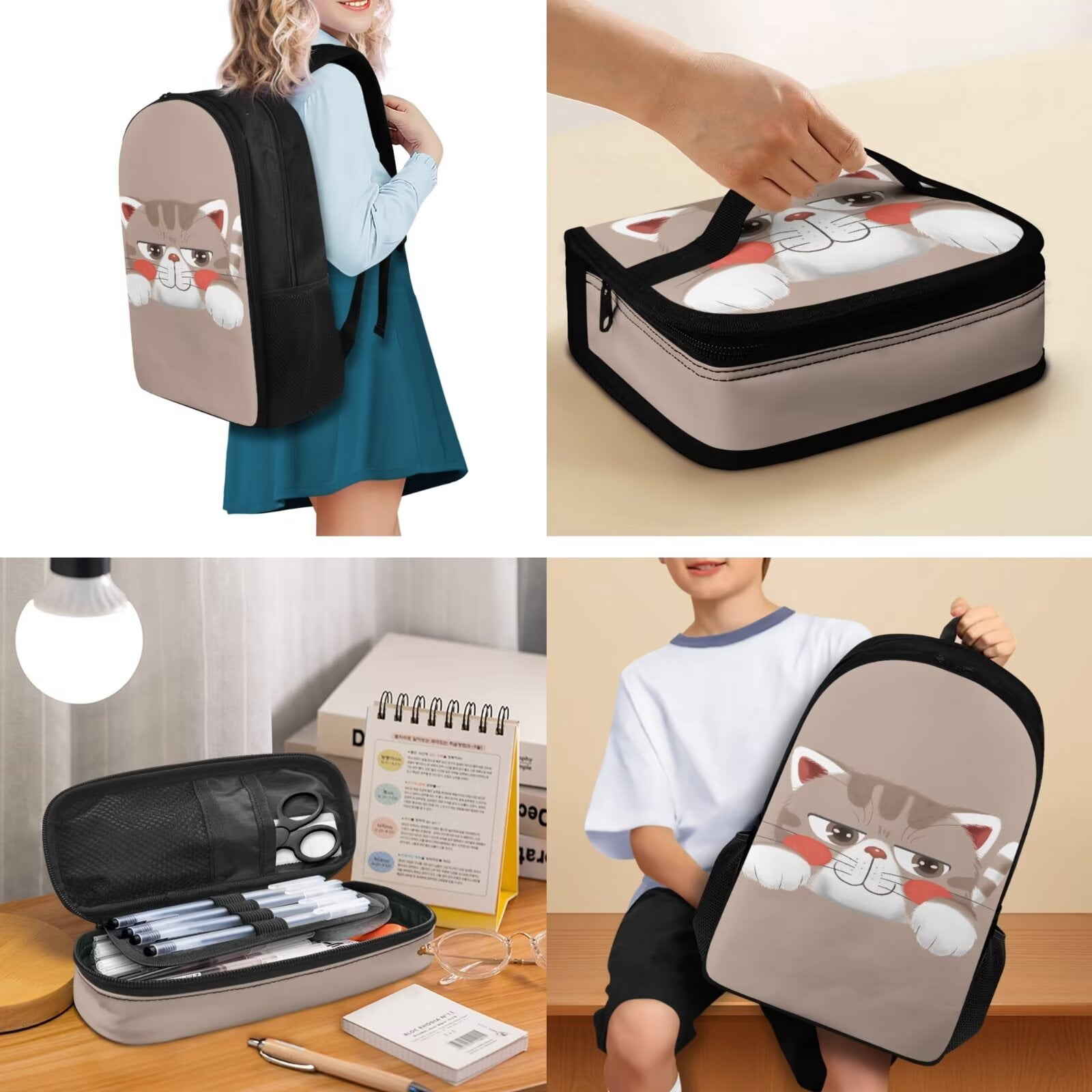 KUIFORTI Cute Cat Shoulder Bag Handbag Pencil Container Bag Backpack Lunch Pouch Zipper Closure, Set of 3