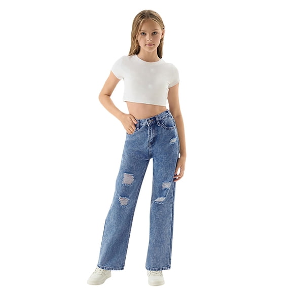 XIYNBAOK Buckle Jeans Loose Jeans Black Ripped Jeans Yoga Pants with Pockets Clothes Girls 10-12 10 Year Old Girl Clothes 10, Blue 10-11 Years