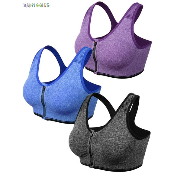 BadPiggies Set of 3 Pack Women Zip Front Sports Bra Wireless Post-Surgery Bra Removable Pad Tank Top Active Yoga Racerback Sports Bras, L