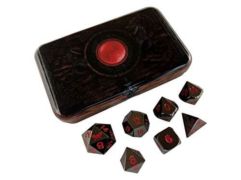 Warlock Tome with Smoke and Fire | Shiny Black Nickel with Red Numbers Metal Dice -