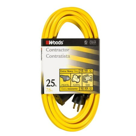 - Woods 992553 12/3 SJTW High Visibility Extension Cord with Cord Clip, 25-Foot, Yellow