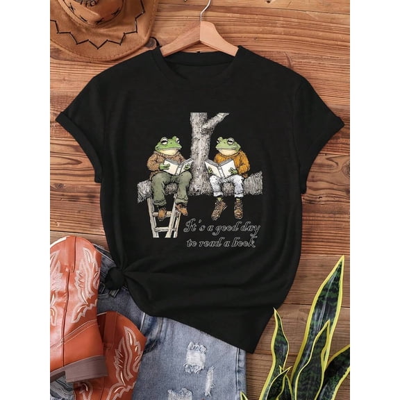 【New Arrival】Vintage Reading Frogs Tree Branch Book Lover Graphic T-Shirt, Unisex Cotton Crew Neck Cottagecore Cute Animal Casual Tee, Bookworm Novelty Gift