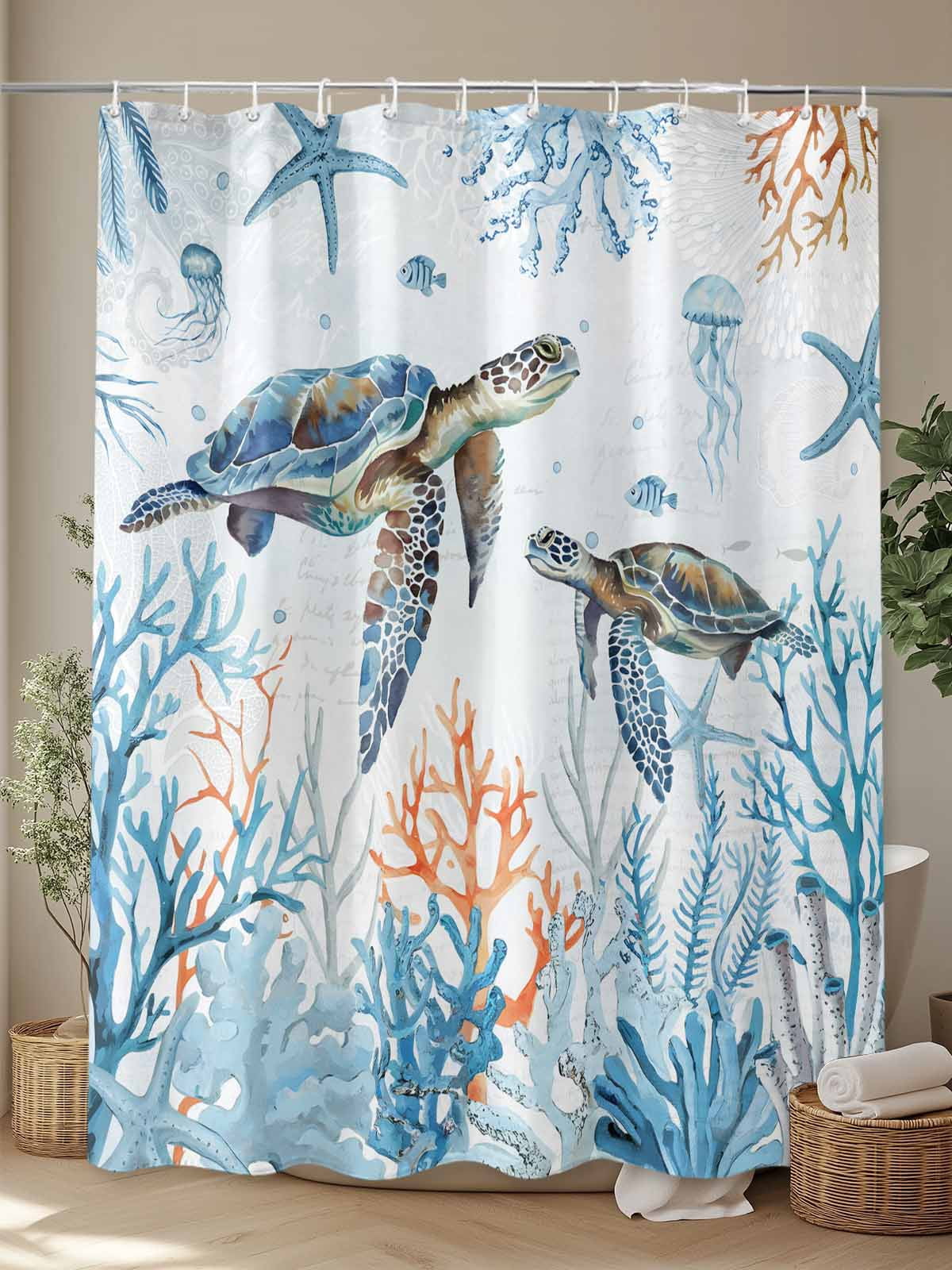 Ocean Turtle Standard Shower Curtain Set, Waterproof Shower Curtains for Bathroom, Blue Coastal Coral Starfish Seagrass Washable Fabric Cloth Bath Curtain for Bathtub with Hooks 72x72 Inches