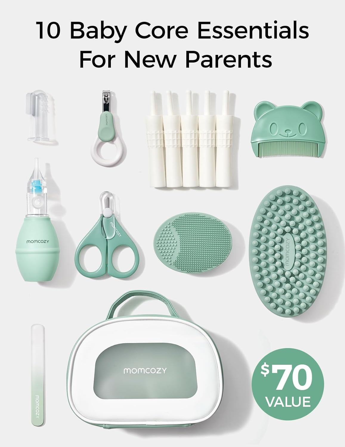Momcozy Core Baby Kit, Baby Shower & Registry Essential Kit for Grooming Cleansing Care, Includes Nail File Kits, Nasal Aspirator, Bath Brushes, Toothbrush, Comb, Storage Case, etc