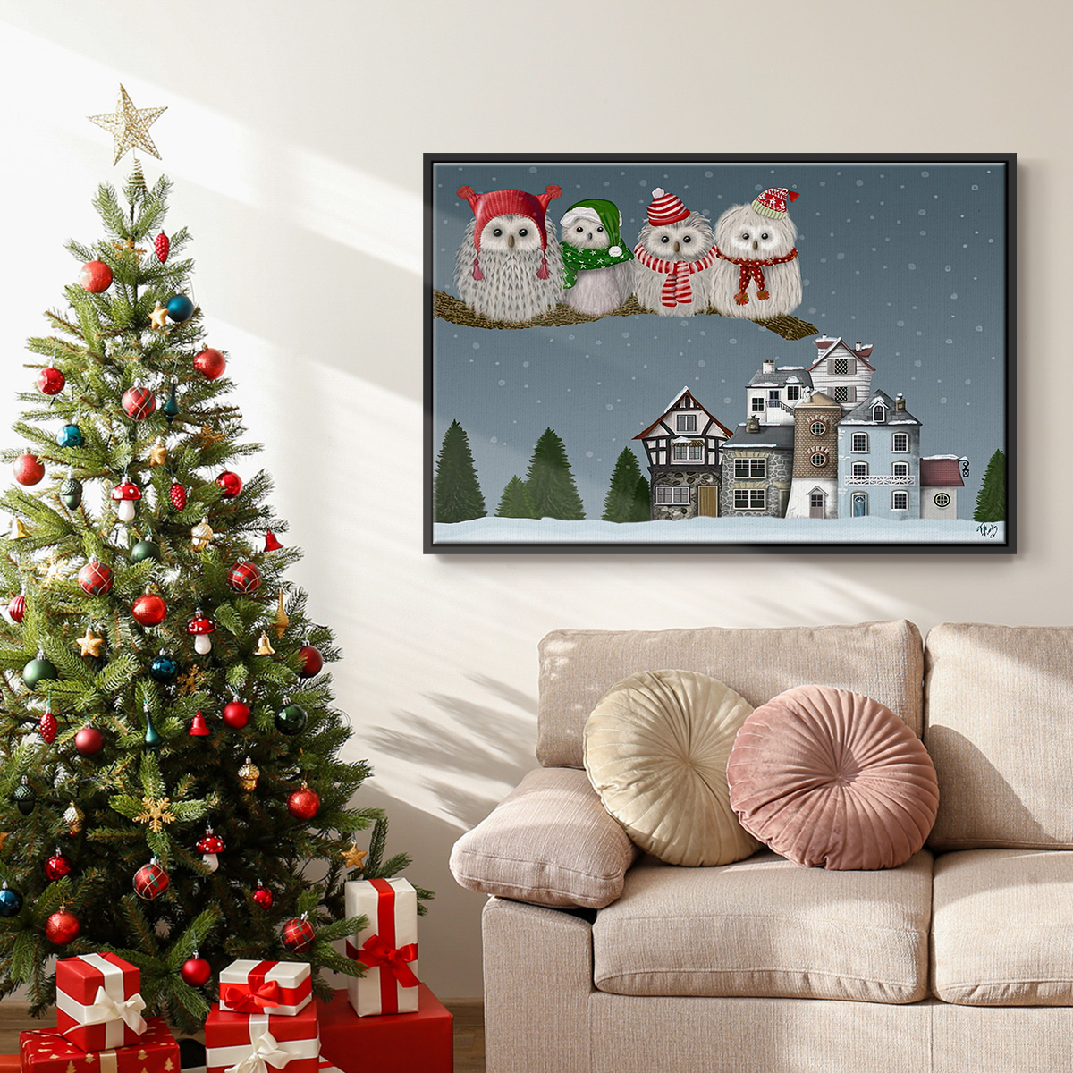 Christmas Christmas Owl Village - Framed Gallery Wrapped Holiday Canvas - 27 x 41 - Black Frame