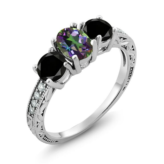 Gem Stone King 2.22 Ct Oval Green Mystic Topaz Black Diamond 925 Sterling Silver Moissanite Ring (Size 7)