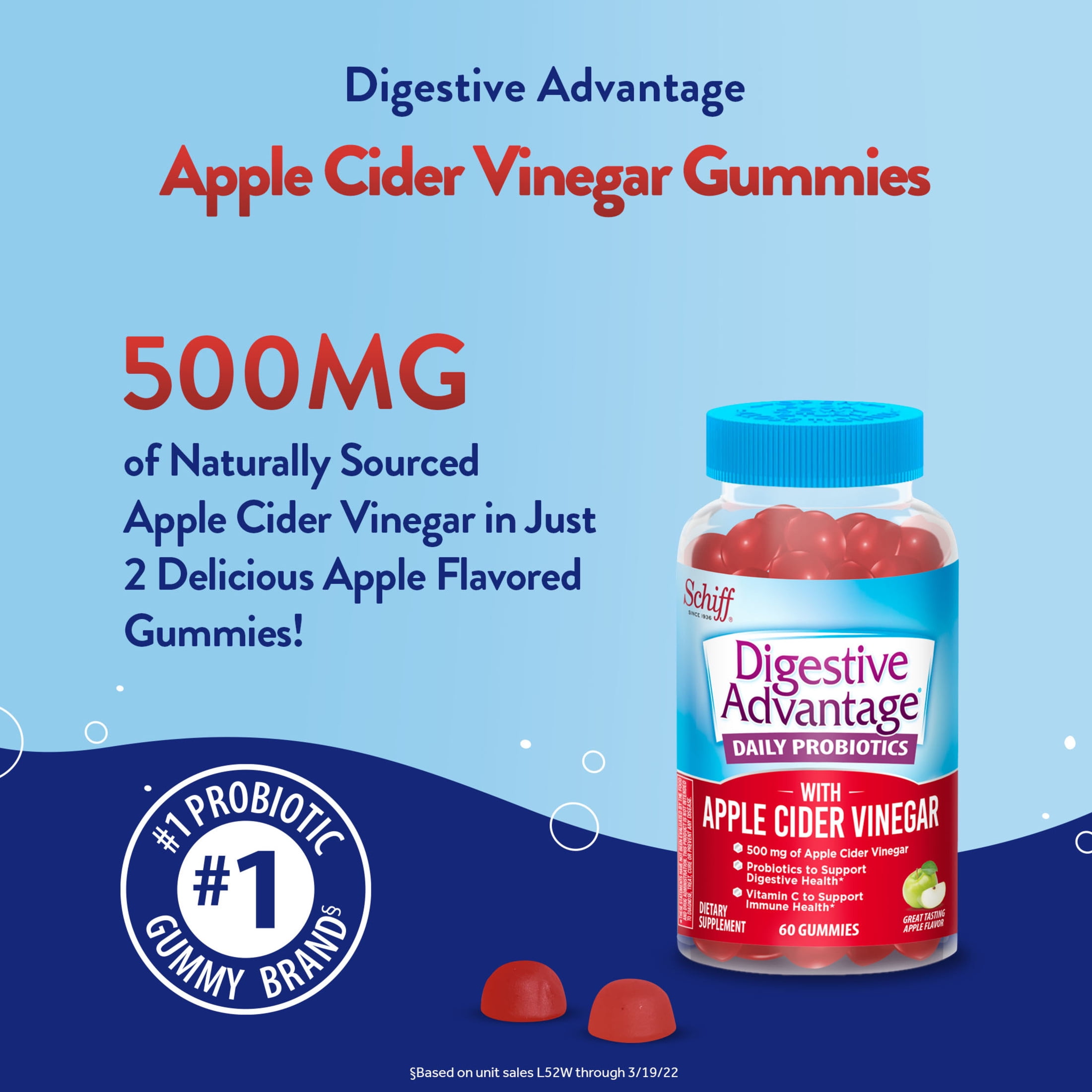 (2 pack) Digestive Advantage Daily Probiotics with Apple Cider Vinegar For Women And Men, Apple Flavor, 60 Gummies