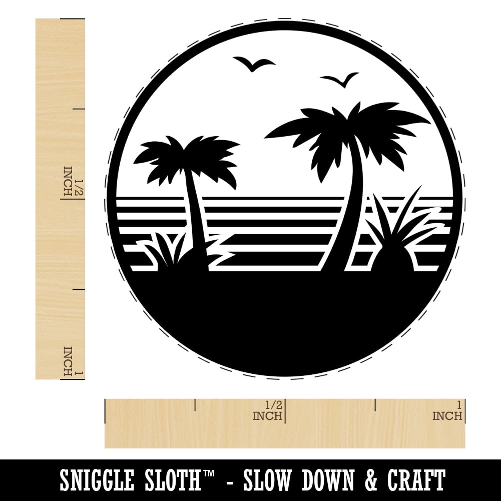 Tropical Beach with Palm Trees Self-Inking Rubber Stamp Ink Stamper - Pink Ink - Medium 1 Inch