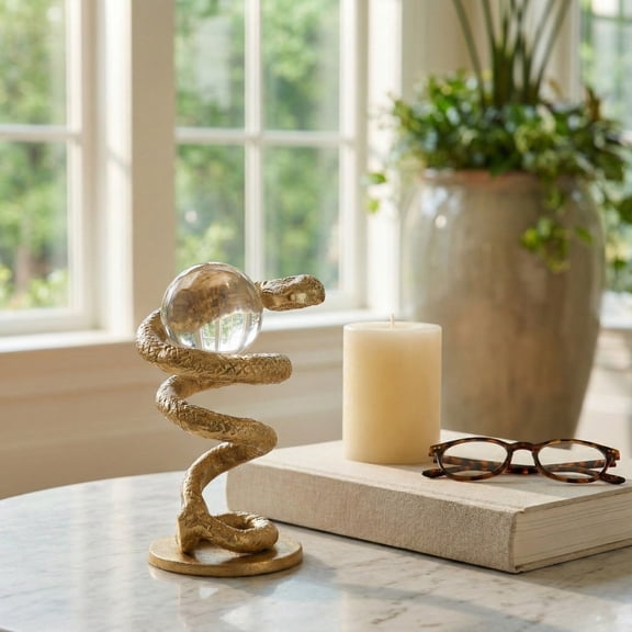 Metal Snake Sculpture with Acrylic Ball for Home Decor - Decorative Ornament for Bathroom, Office, and Living Room - Sculptural Figurine for Shelf or Coffee Table Display - 7", Gold & Metallic
